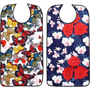 Pafusen 2 Pack Adult Bibs for Elderly Women, Reusable Large Adult Bibs for Eating with Snaps (Butterfly Rose Flower) 