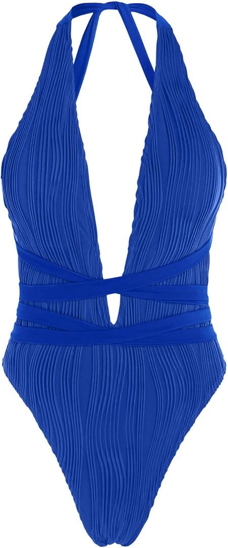 ZAFUL Women Plunging One Piece Swimsuit Backless Cross Tie High Cut Thong One-Piece Bathing Suit (Large, 3-royal Blue)