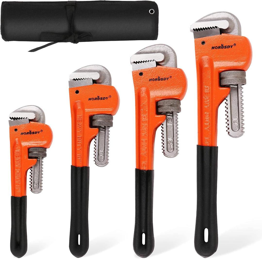 HORUSDY 4 Pack Heavy Duty Pipe Wrench Set, Adjustable 8" 10" 12" 14" Soft Grip Plumbing Wrench Set with Storage Bag