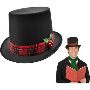 Nicky Bigs Novelties Black Christmas Top Hat, Snowman Hat for Men With Plaid Band & Berries, Pilgrim Hats, Victorian TopHat For Adults, Ugly Christmas Sweater Costume Black TopHat, One Size Fits All