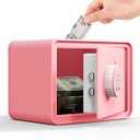 Kids Mini Safe Small Cash Box – GoldenKey Pink Macaron 7”x9.4”x6.3” Money Security Safe with Coin & Bill Slot, Keypad & Key Lock, USB Backup, DIY Stickers, Piggy Bank for Home