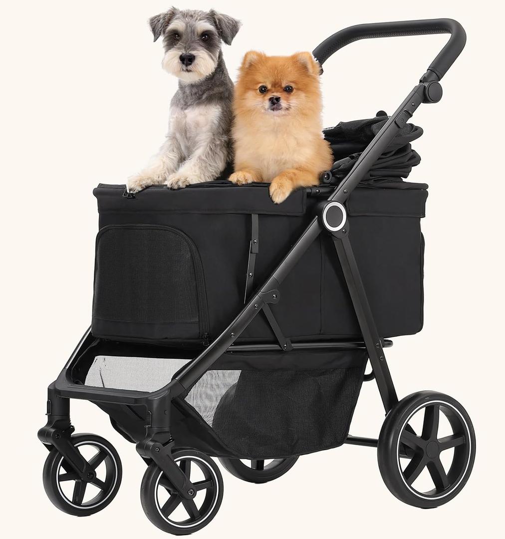 Dec-Mec Dog Stroller for Medium Large Dogs up to 66lbs Portable&Foldable | Pet Stroller for 2 Small Dogs with Adjustable Handle & Canopy, Ventilated, Storage Organizer, Black, Medium 
