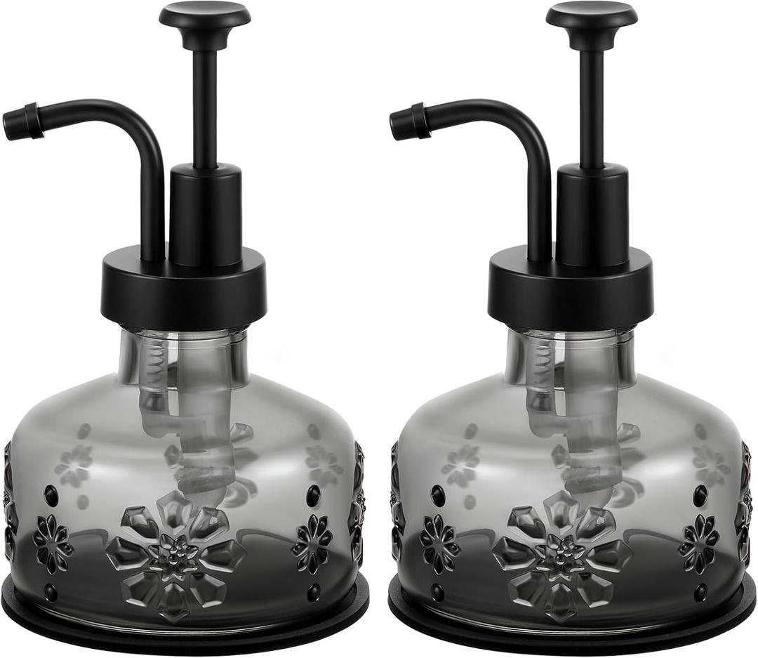 Tioncy 2 Pcs Antique Soap Dispenser Kitchen Bathroom Countertop Glass Soap Pump Dispenser Refillable Rustic Decorative Goth Small Liquid Container with Non Slip Silicone Coaster(Black)