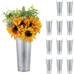 NUPTIO Galvanized Flower Bucket for Wedding: 98.7" Tall Tin Planter for Flower Bar - Rustic Metal Vases for Table Centerpiece Home Garden Decor Set of 12