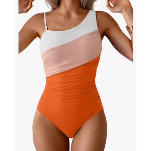 One Shoulder One Piece Swimsuit for Women Tummy Control Bathing Suits Color Block Ruched Swim Suit Slimming Swimwear S