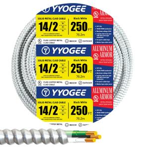 14/2 250FT MC Cable with Ground, 14 Gauge Wire Metal Clad Cable with Solid Copper Conductors, Aluminum Armor, Electric Wire for Indoor, Outdoor, Commercial, Industrial Use