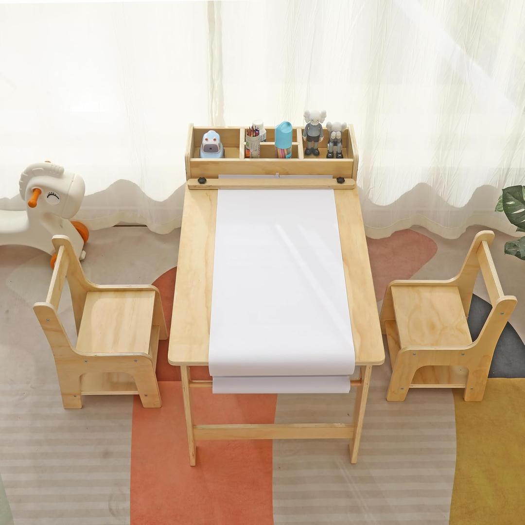 Kids Art Table and Chair Set with Shelves for Endless Creativity,Children can Learn, Draw, do Crafts and Other Activities on This Table, Natural, 
42.1 x 23.6 x 25.6 inches