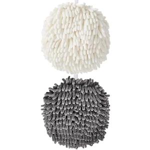 2-Pack Chenille Fuzzy Ball Hand Towels, 7.1 Inch Fuzzy Ball Hand Towels for Bathroom, Fast Drying Ball Towel with Loop Hanging Kitchen Towels for Kitchen Decor(1 White & 1 Grey)