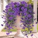 Sggvecsy Artificial Fake Hanging Flowers Plants for Outdoor Outside Spring Summer Decoration 2PCS Faux Silk UV Resistant Realistic Morning Glory with Eucalyptus for Home Porch Patio Balcony(Purple)