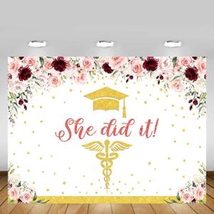 MEHOFOND 7x5ft Nurse Graduation Backdrop Congratulations Graduates Rose Gold Congrats Grads She Did It Banner Glitter Gold Spots Floral Background Photo Booth Props