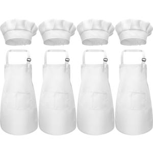 CHENGU 8 Pcs Kids Apron and Chef Hat Set Child Aprons 2 Pocket for Boy Girl Toddler Cooking Painting, Ages 2-13(White, Small)