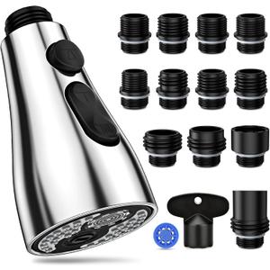 Kitchen Faucet Head Replacement 3 Modes with 12 Adapters, Pull Down Spray Head for Kitchen Faucet, Kitchen Sink Faucet Head G 1/2, Sprayer Head Replacement, Chrome