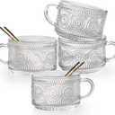 Ymyaye Vintage Glass Coffee Mugs Set of 4, 14 Ounces Embossed Glass Coffee Cups Stackable Coffee Mugs for Cereal, Yogurt, Latte, Clear Breakfast Cups with Handle for Beverages (Sunflower*4)