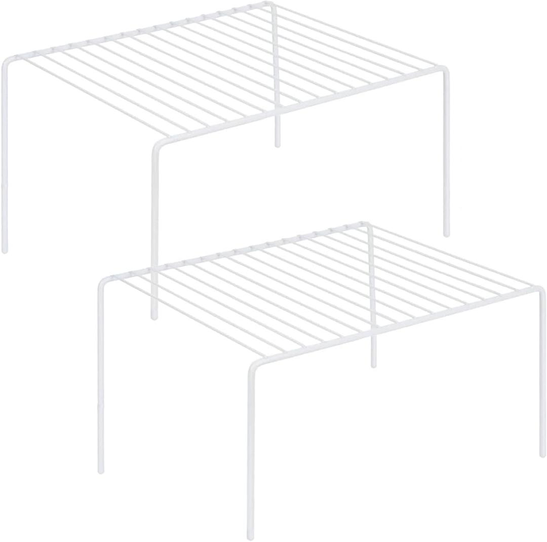 iPEGTOP Set of 2 Kitchen Cupboard Organiser Shelf, Small Size 10.6 x 5.1 Inch Freezer Cabinet Organization Storage Shelf Wire Rack, Steel Metal Shelves for Fridge Pantries Countertops Utensils -White