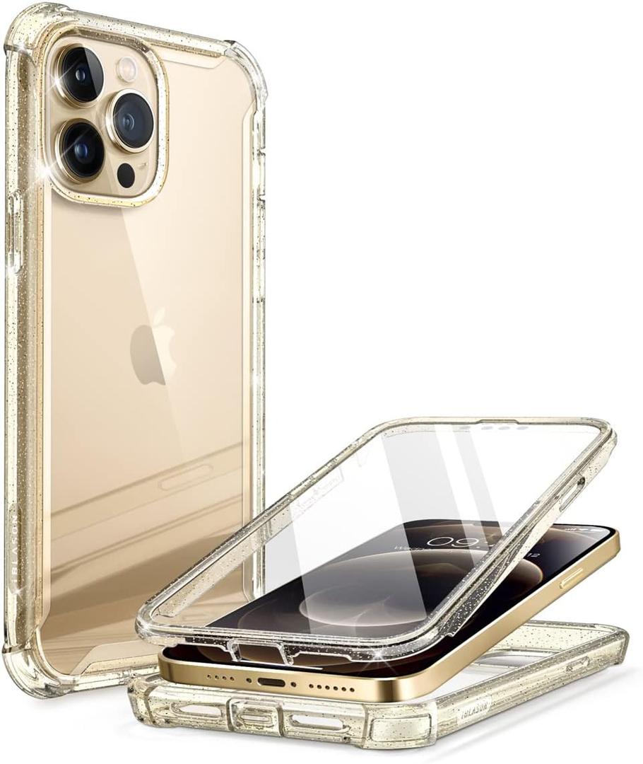 i-Blason Ares for iPhone 13 Pro Max Case 6.7 inch [Built-in Screen Protector] [Military-Grade Protection] Clear Full-Body Shockproof Rugged Bumper Phone Case for iPhone 13 Pro Max (Gold/Glitter)