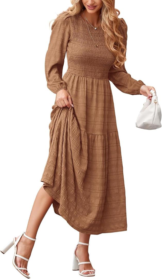 dowerme Women's Dresses 2026 Spring Puff Long Sleeve Crewneck Smocked Tiered Flowy A-Line Boho Wedding Party Maxi Dress (Brown, S)