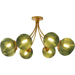 8-Light Flush Mount Light Vintage Gold Sputnik Chandelier Light Fixtures Ceiling Mount Green Round Glass Globe Shade, Semi Flush Mount Ceiling Light for Living Room Kitchen, 32.2 inches