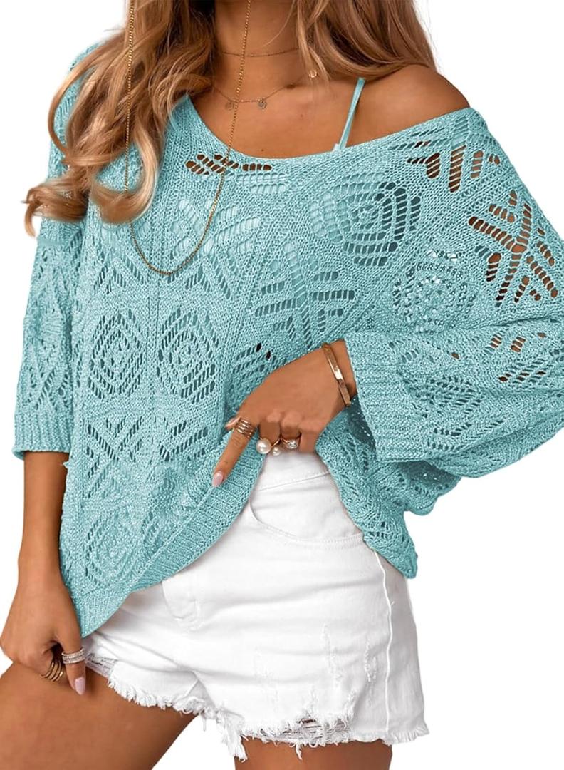 Sidefeel Women's 2025 Spring Summer Crochet Tops Off The Shoulder Hollow Out Knit Tops 3/4 Sleeve Pullover Sweater Cover Ups (Blue, M)