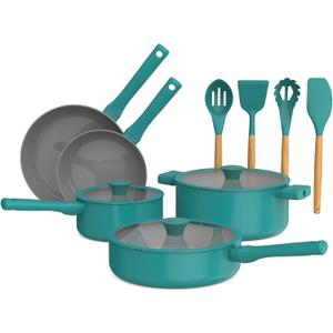 So Yummy by bella 12 Piece Cookware Set w EverGood Ceramic Nonstick Coating and Silicone & Wood Utensils, Dishwasher Safe Silicone & Glass Lids, Oven Safe & All Stovetop Compatible, Moonstruck