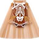 My First Halloween Dress Baby Girl Skeleton Velvet Bubble Romper Sequin Tulle Cloak Toddler Christmas Birthday Outfit (3-4T, Brown)