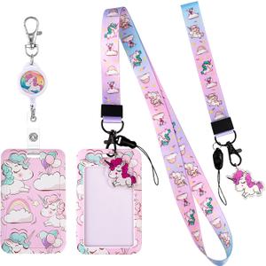HIFOT Unicorn Kids Lanyard with Id Holder, Detachable Wrist Lanyard for Keys, Retractable Badge Holder with Metal Lobster Clasp Used for Student, Nurse, Teacher ID Holder