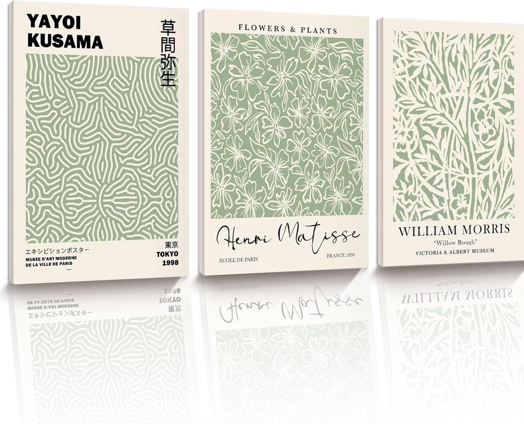 HesenDot Green Botanical Framed Wall Art Set, 12x16in Matisse William Morris Canvas Prints,Minimalist Classic Plants Home Decor for Living Room Bedroom Bathroom Office, Set of 3