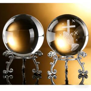 2-Piece 3D Engraved Praying Hand Cross & Clear Crystal Balls with Silver Stands, Christian Religious Gift, Glass Sphere Paperweight for Home Office Decor, Faith Gifts for Women Friend