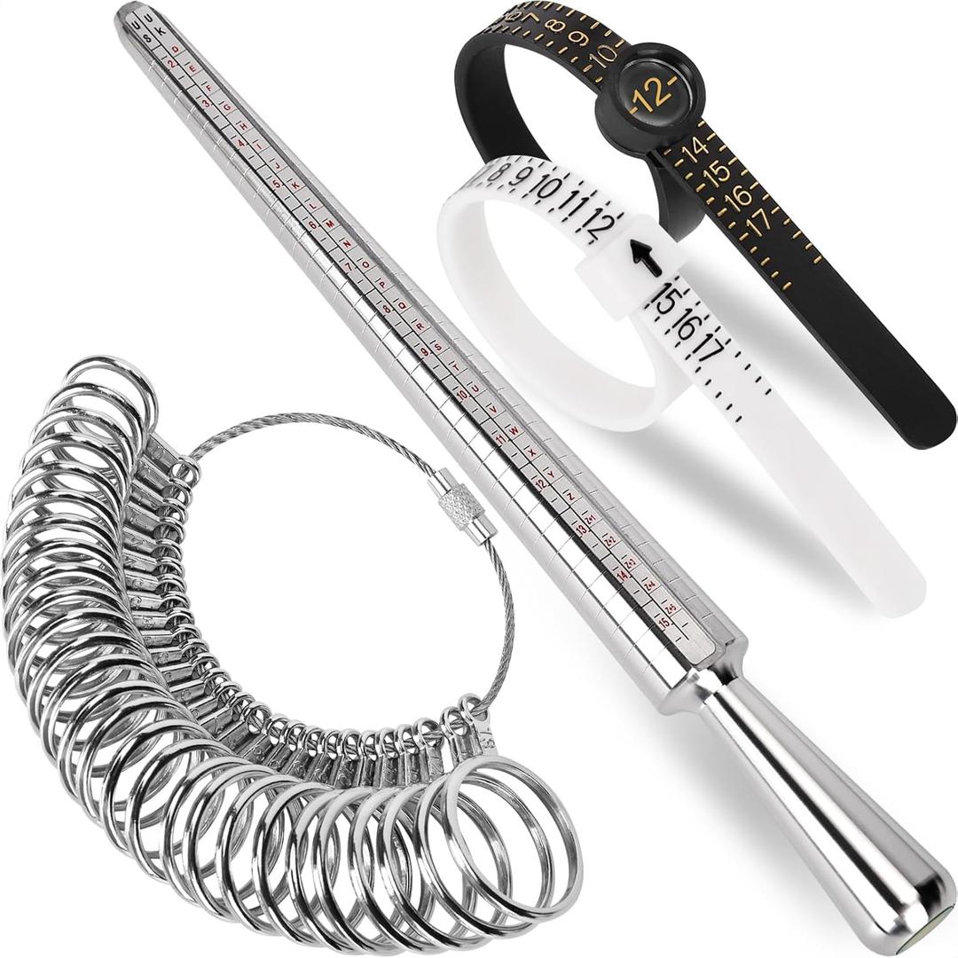 Ring Sizer Measuring Tool Kit, Ring Mandrel Measurer, 27 PCS Premium Steel Measuring Ring Tool, US Ring Size 0-13, 2 PCS Reusable Finger Size 1-17 USA Rings Size with Magnified Glass