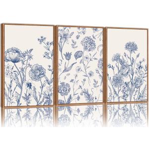 Tinonedraw Large Classic Chinoiserie Flower Framed Canvas Wall Art Set, Navy Blue and White Floral Wall Decor, Minimalist Neutral Botanical Art Printing for Living Room Bedroom Office Dorm 16"x24"x3