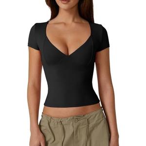 QINSEN Women's V Neck Short Sleeve T Shirts Double Lined Tee Seamed Cup Going Out Tops, S
