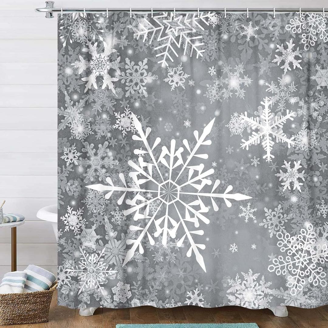 DYNH Christmas Snowflake Shower Curtain Set, Christmas Shower Curtains for Bathroom, Winter Grey Shower Curtain Christmas Decorative Shower Curtains,72X84IN