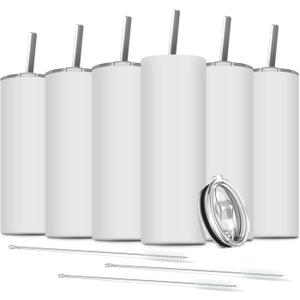 6 Pack Stainless Steel Skinny Tumbler, 20 OZ Double-Insulated Water Tumbler Cup with 6 Straw and 3 Brush, Vacuum Travel Mug Gift for Hot Cold Drinks with Cleaning(White)