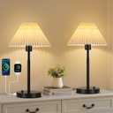 Bedside Table Lamp Set of 2: Dimmable Nightstand Bedside Lamps with USB A and C Ports, Modern Metal and Pleated Fabric Shade Black Desk Lamp for Bedroom Living Room Home Office Reading
