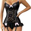 Lilosy Sexy Stocking Garter Belt Bows Floral Lace Babydoll Corset Push Up Teddy Lingerie Set with Panty (3X-Large)