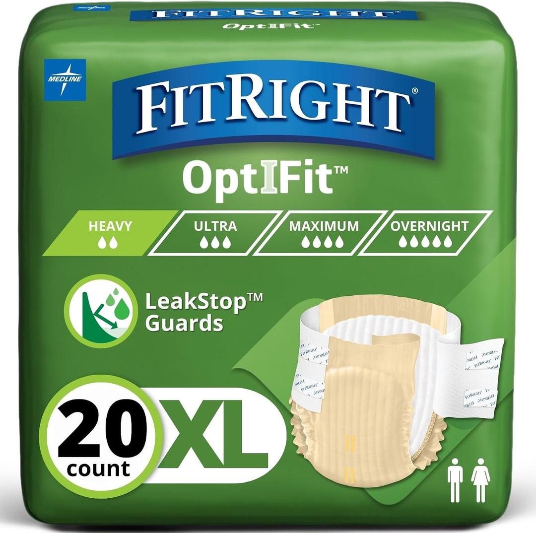 FitRight Adult Diapers, Extra+ Heavy Absorbency, XL (Waist Size 56in-64in), 20 Count, OptiFit Incontinence Briefs for Men and Women, Disposable, Moisture-Wicking, Leak Protection,