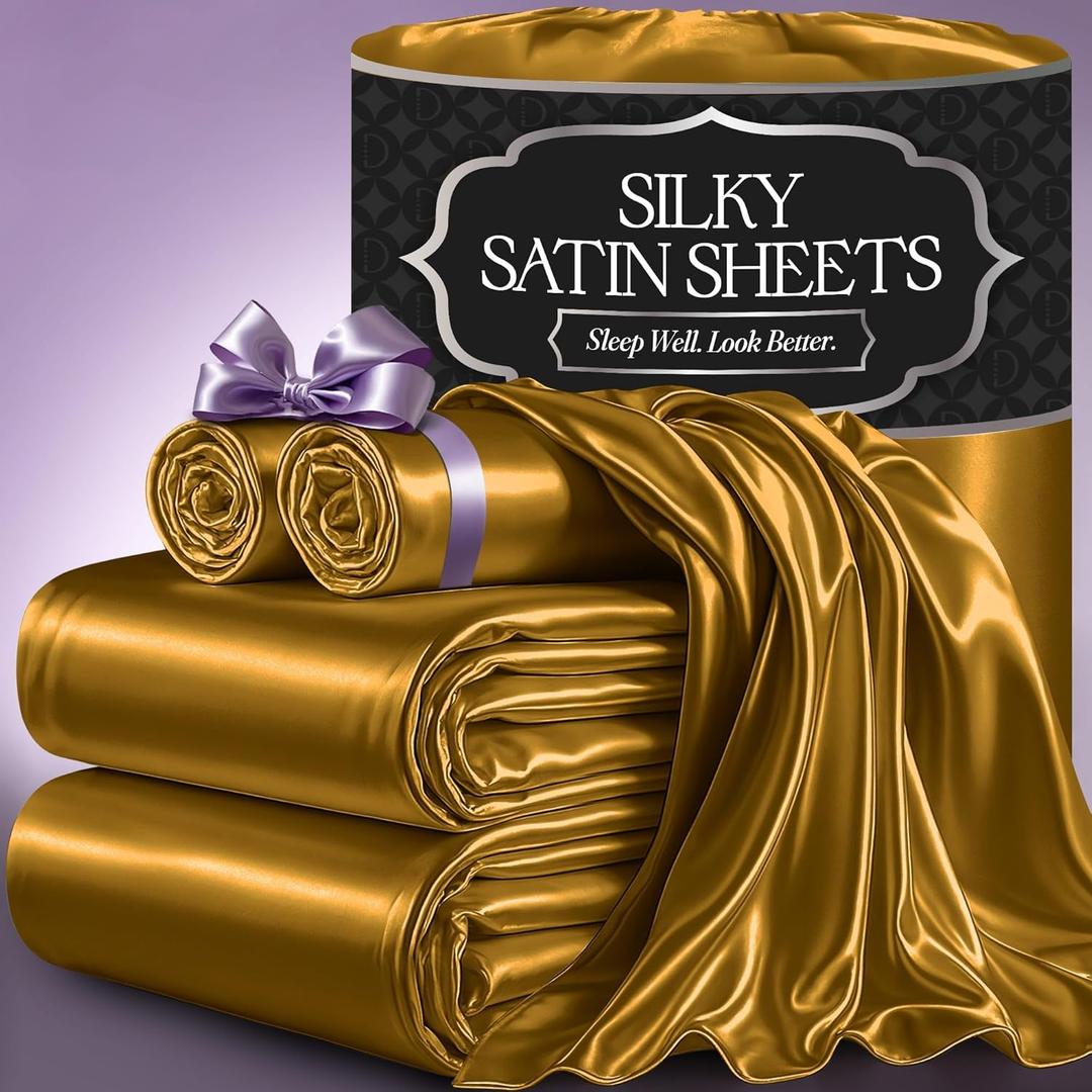 DECOLURE Satin Bed Sheets - 4 Piece Luxury Silky Queen Size Bedding Set - Softer Than Silk, Wrinkle-Free with 15” Deep Pocket Fitted Sheet, Perfect for Hair & Skin, Gifts for Women (Gold)