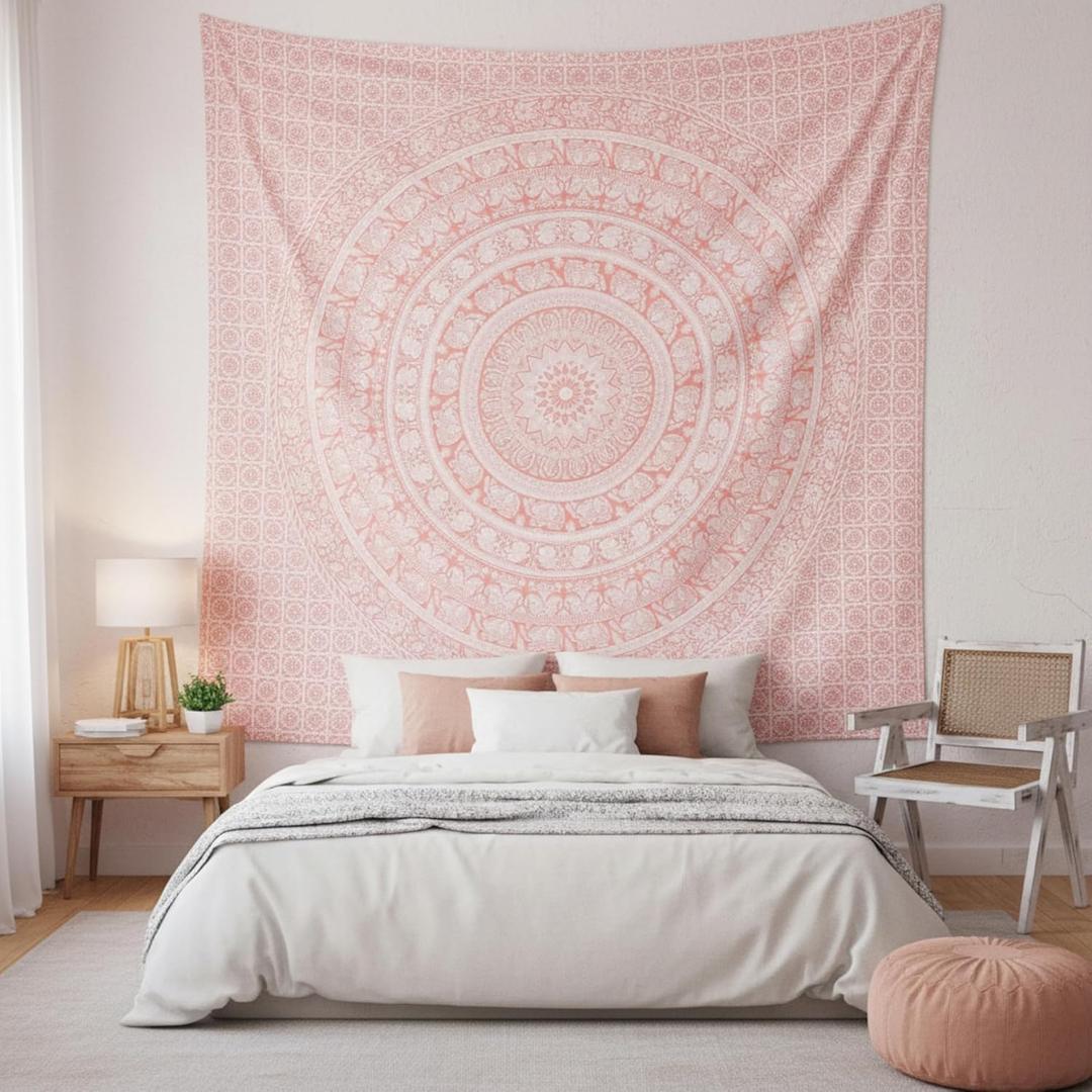 Craft Trade Indian Cotton Mandala Wall Hanging Tapestry for Aesthetic Boho Hippie Living Room, Meditation & Bedroom Dcor - Pink, 54x84 Inches