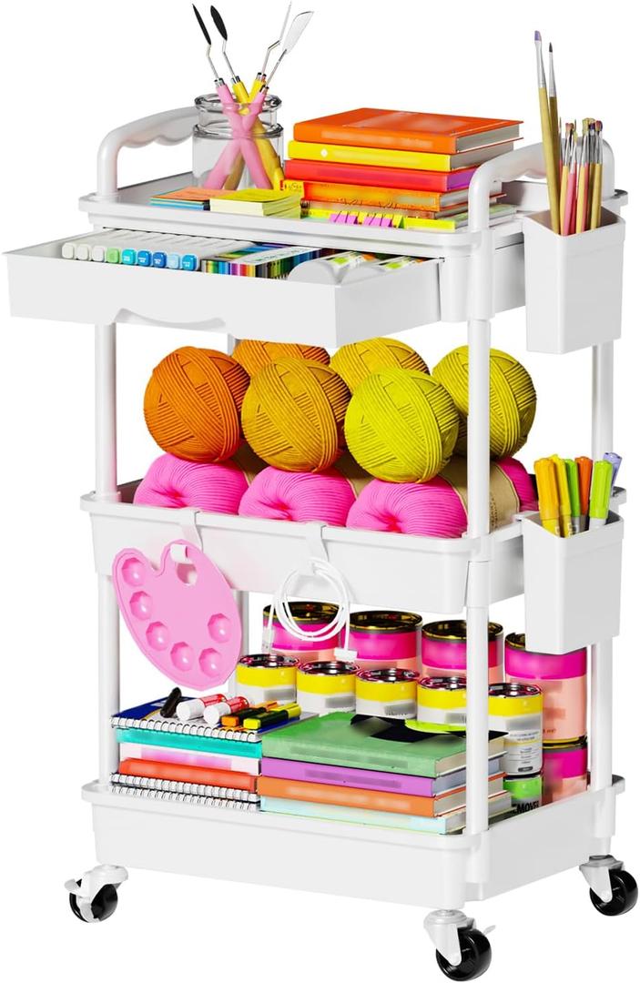 3-Tier Rolling Cart with Drawer & Lockable Wheels, Plastic Shelf Storage Organizer Cart  Easy Assembly, Waterproof Design for Kitchen, Bathroom, Office, White (3 Tier, White)
