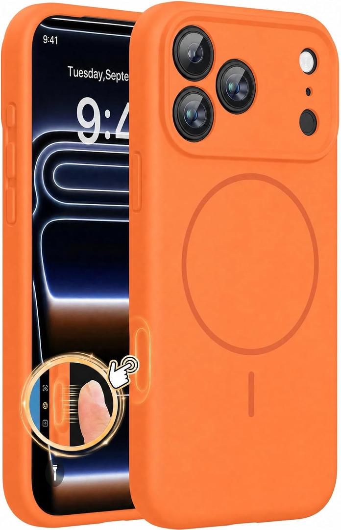 Miracase Magnetic for iPhone 17 Pro Max Case, [Soft Anti-Scratch Microfiber Lining], Compatible with MagSafe, Liquid Silicone Case Shockproof Drop Protection Phone Case for 17 ProMax, Sunset Orange