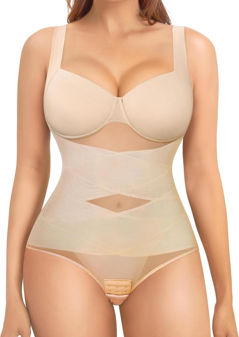 Nebility Shapewear Bodysuit for Women Tummy Control Waist Trainer Backless Body Shaper V-Neck with Built in Bra (Small, Beige)