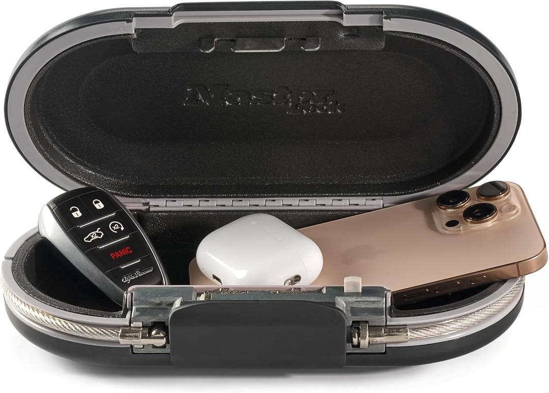 Master Lock Portable Small Lock Box, Set Your Own Combination Lock Portable Safe, Personal Travel Safe, 5900D, Gunmetal Grey (9-17/32 in. Wide, Black)