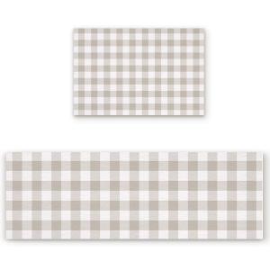 Kitchen Rugs Set of 2,Beige Brown Plaid Kitchen Mats Rugs Non Skid Washable Anti Fatiguee,Farmhouse Buffalo Check Water Absorption Doormat Carpet for Bedroom/Bathroom/Living Room (15.7"x23.6"+15.7"x47.2")