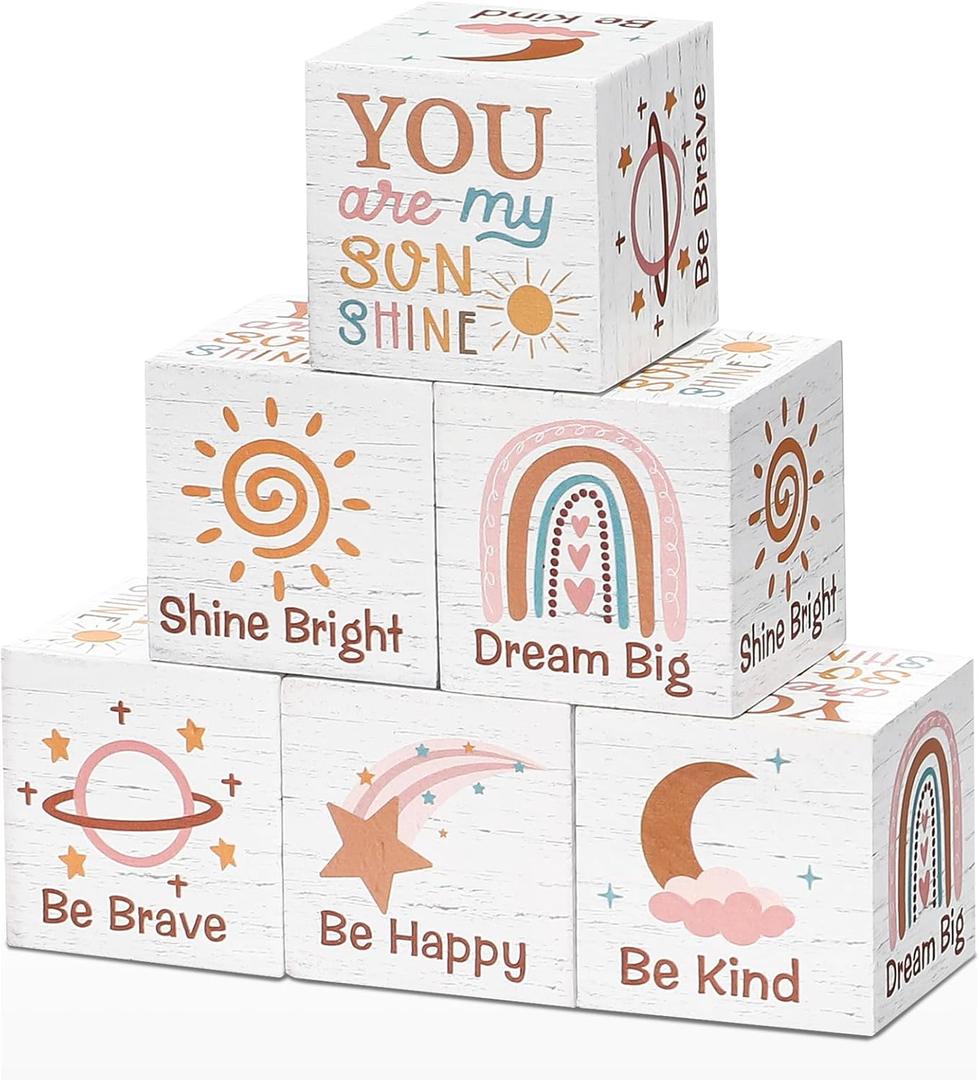6 Pcs 1.6 Inch Inspirational Boho Rainbow Nursery Decor Baby Wooden Blocks Sun Clouds Butterfly Decor Motivational Sign for Nursery Shelf Baby Bedroom Playroom(Rainbow Style)
