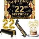 22nd Birthday Decorations Men Women with 22nd Birthday Banner, Black and Gold Table Cloth, Number Balloons, Large Sash, Cake Topper and Candles