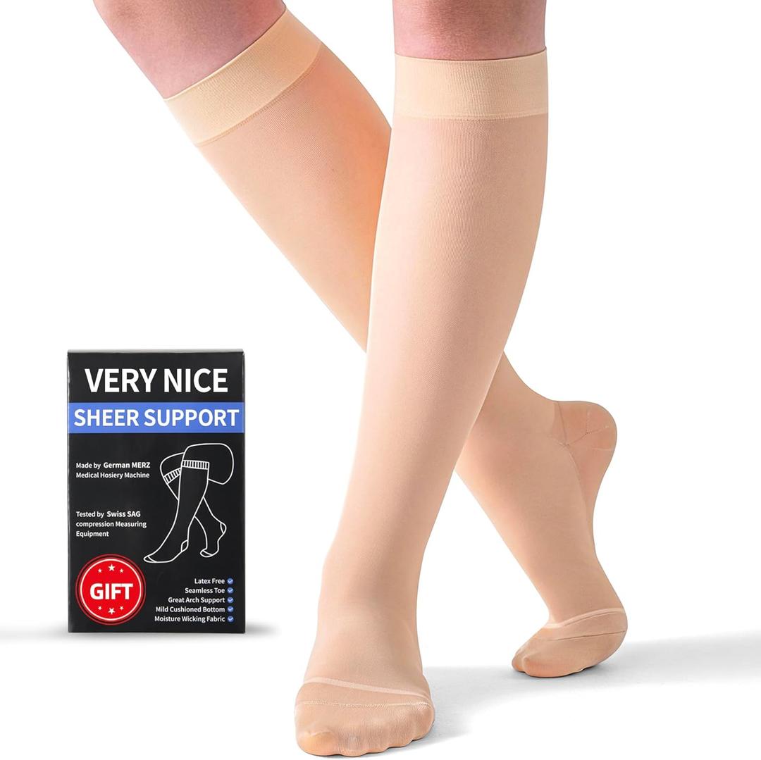 2 Pairs Sheer Compression Socks for Women 15-20 mmHg - Support Hose Knee High Compression Stockings with Comfy Toe Seam (Medium, Nude)