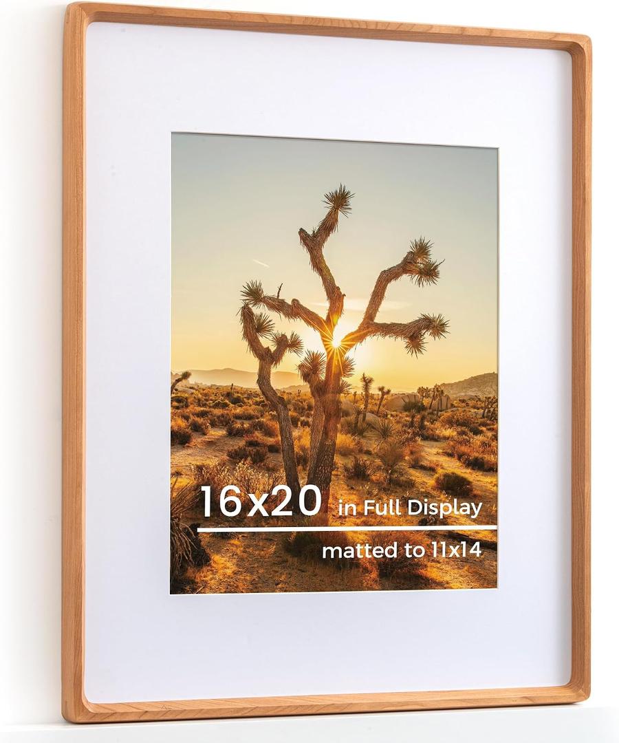 RICHFOCUS 16x20 Picture Frame USA-Sourced Natural Cherry Solid Wood Photo Frame Handcrafted Rounded Corner Wodden Frame with Real Glass Display Photos 11x14 with Mat or 16x20 Without Mat