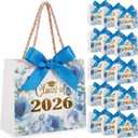 Yexiya 40 Pack 2026 Graduation Gift Bags Bulk Class of 2026 Blue Floral Graduation Party Bags 5.5" Congrats Grad Treat Bag for Gifts with Handles and Bow Ribbon