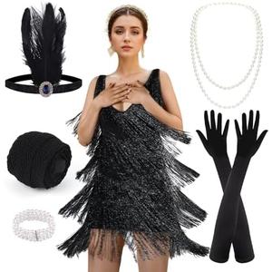 PLULON 1920s Dresses for Women, Gatsby Flapper Dress 1920s with 20s Accessories, M