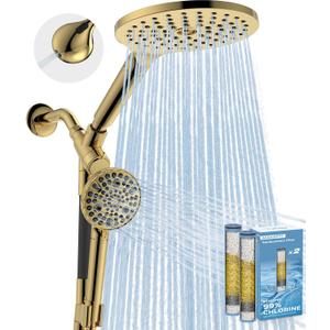 MakeFit Dual Filtered Rain Shower Head Combo, High Pressure Handheld Shower Head with Adjustable Bar - Rainfall Shower Head And Showerhead with Filter for Hard Water - Removes Chlorine(Gold) (8 Inch Filtered)