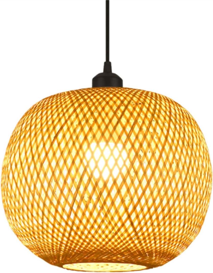 Bamboo Pendant Light,15.7'' Boho Rustic Chandelier, Island Dining Beige Ceiling Light Ball Shape, Natural Wicker Fixtures for Living Room, Farmhouse, Bedroom Hand-Woven Rattan Bamboo Lamp (40cm)